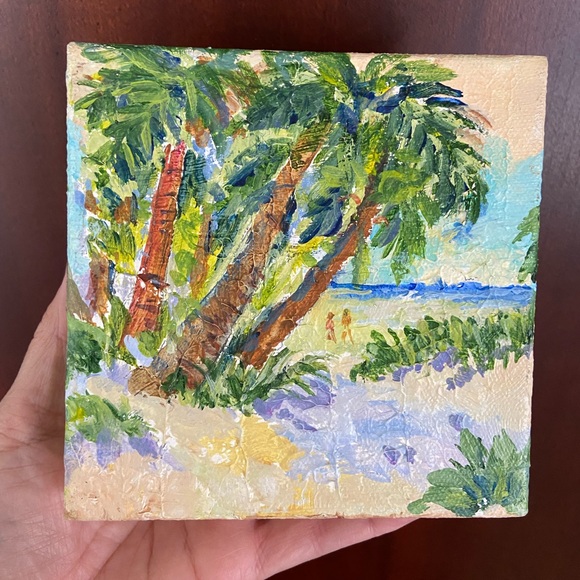 Tropical Island Painting Beach Palm Tree Seascape Original Oil On Canvas Mini - Picture 1 of 8
